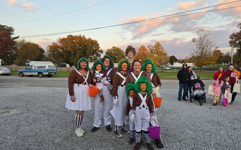This large group of trick-or-treaters in Falmouth would only identify themselves as the Oompa-Loompa Family who work in Willy Wonka’s chocolate factory. Photo by Jenny Smith.