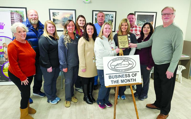 Pictured from left are Tami Vater, Pendleton County economic and tourism development director; Randy Wells, Pendleton County Chamber; Lindsey Stone, Hannah Gaunce and Patience Cooper, medical assistants; Kacey Tucker, business development manager; Dr. Steven Neus; Angela Phelps, LPN, clinic supervisor; Ryan McCandless, patient access; Daniel Klaber, advanced practice registered nurse; Melissa Slade, rural health clinics manager; and Neil Belcher, chamber president.