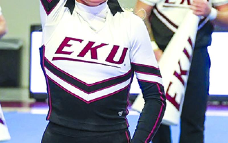 PCHS graduate India Trimble leads a cheer for Eastern Kentucky University. Photos by EKU photographer Paul Coots.
