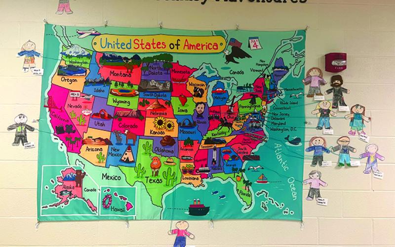 A United States map shows the many places Flat Stanley has been sent across the nation.