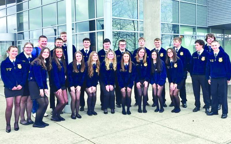 The 22 Pendleton County High School members who competed March 10 in the Northern Kentucky Region FFA Day were, front row, Brooke Florer, Jaycee O’Hara, Kaycee Voet, Lilyana Miller, Isabella Roberts, Riley Browning, Miley Smith, Austyn Colvin, Hannah Cahill; and back row, Cadence Ryan, Riley Combs, Chris Thompson, Mason Ammerman, Alex Mosley, Dawson Nichols, Damein Newman, RJ Combs, TJ Weinel, Klaber Wolfe, Carson Crouch, Patrick Patton, Tyler Hutchinson, Levi Wolfe