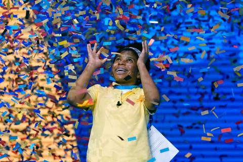 Zaila Avant-garde, 14, from Harvey, Louisiana is covered with confetti as she celebrates winning the finals of the 2021 Scripps National Spelling Bee at Disney World Thursday, July 8, 2021, in Lake Buena Vista, Fla. (AP Photo/John Raoux) 