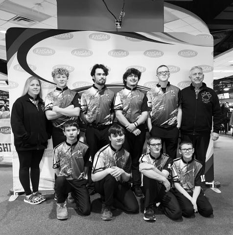 The Pendleton County bowling team competed in the state tournament held in Louisville. Front row l to r: Braden Brann, Bradley Brann, Karson Enzweiler, Adam Straus, Back row L to R: Assistant coach Amber Brewer, Kyan Brewer, Bradford Peoples, Koby Brewer, Leroy Bryant, head coach Ronnie Hutchison. Not pictured Josiah Hurdle. 