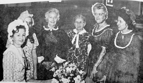 Parishioners dress in historical clothing as they celebrate the 100th year anniversary of Falmouth Christian Church in 1973. Left to Right: Nancy Houchen, Karen Hart, Vida Thompson, Ella Simpson (author of the letter), Mrs. John Gardner, and Dora Helen Fields.