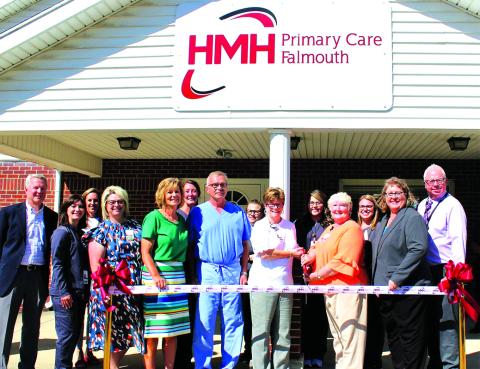 Harrison Memorial Hospital executives and staff, along with the R. C. Durr representative who provided support, celebrate the new behavioral health portion of the HMH Primary Care Office in Falmouth. Pictured are Dr. Stephen Toadvine, HMH CEO; Melissa Slade, Rural Care Manager; Kathy Tussey, CNO; Janelle Gardner-Cox, HMA Board Member; Dr. Steven Neus, Primary Care Physician at HMH PC Falmouth; Cathy Messinger, APRN, Psychiatric Nurse Practitioner; Carla Farrar, LPCC, HMH Outpatient Licensed Counselor; Jean 
