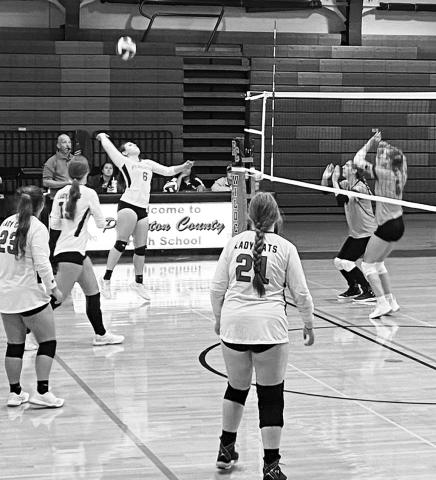 Above: Junior Jayla McIlvain looks to score points for the Ladycats. Below: Junior Allison Aulick attacks the net. Photos provided by Haley Verst.