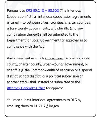Interlocal agreements and their legitimacy are part of the ongoing disagreement between the City of Falmouth and the county. KRS 62.210 - 65.300 describe interlocal agreements between cities, counties, and other entities. Interlocal agreements for planning and zoning have been in place since at least 2014; code enforcement began in 2020 with the creation of the county officer. Animal control was last agreed to in 2017. That was interrupted in 2013 by Mark Hart due to costs. 