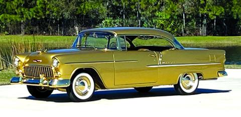 Steve Blades of Falmouth was one of three partners who built this detailed, full-scale replica of the golden 1955 Chevrolet Bel Air Sport Coupe that was the 50 millionth car Chevrolet manufactured. The original came out of the Flint, Michigan, plant Nov. 23, 1954. This reproduction was finished in Jan. 29 in Sanford, Florida. Photo courtesy Steve Blades.