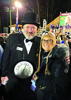Outlook correspondent Dr. Cecilia Duffy posses with Punxsutawney Phil Inner Circle member Big Chill, aka, Jason Grusky. Photo courtesy Dr. Cecilia Duffy.