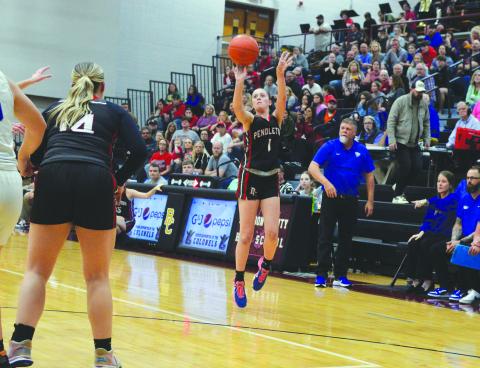 Pendleton County High School junior Madison Verst launches one of her five three-pointers in a 50-48 regional playoffs win March 5 against Bracken County. It was the Ladycats first win in regionals in 13 years. The LadyCats lost in the next round. Playoffs coverage for both boys and girls teams begins on Page 10. Photo by Sam McClanahan.