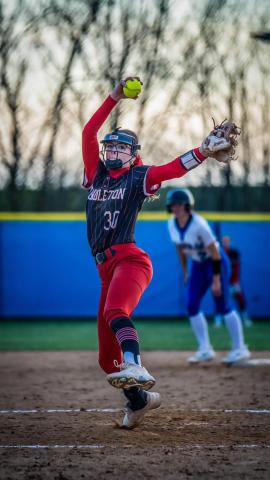 Ladycats freshman, Hannah Spaulding, was the starting pitcher in their home opener against Montgomery County. Photo by Pete Wigginton.