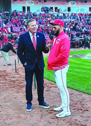 “Two Martini rule”: Reds designated hitter Nick Martini speaks with Jim Day of Bally Sports Ohio following his two-home run, five-RBI Opening Day performance Thursday in Cincinnati against the Washington Nationals. The Reds prevailed 8-2. A number of Pendleton County residents were in attendance. Falmouth Outlook Sports Editor Sam McClanahan talked with many of them at the Great American Ballpark. See more notes and photos on Page 14. Photo by Sam McClanahan.