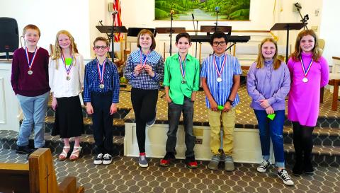 Children’s Bible drill participants at Turner Ridge Baptist Church are, from left, Josiah Guillion, Knoxville Baptist Church, Hannah Guillion, Knoxville, Joe Seabrooke, Knoxville, Lillian Courtney, Mount Carmel Baptist Church, Elias Jones Mount Carmel, Landon Courtney, Mount Carmel, Presley Platt, Turner Ridge, and Perry Gregg, Turner Ridge.