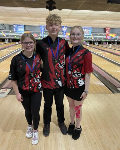 PCHS Bowling team members Kree Brewer, Kyan Brewer, and Maddie Marshall will represent the school at the state tournament this week. Photo provided by Rhonda Hutchison.