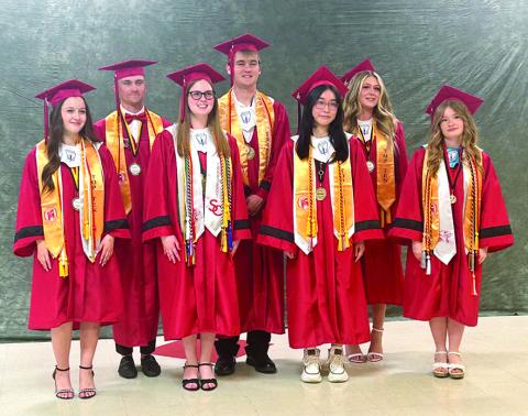 During Pendleton County High School commencement ceremonies May 23 at the high school, the top academic graduates of the Class of 2025 gathered for a photo. From left are Hannah Thomas, Bryant Brown, class salutatorian Emily Best, valedictorian Kade Carr, Annie Lin, Jayla McIlvain and Emily Fultz. Missing from he photo is Jacob Peluso.