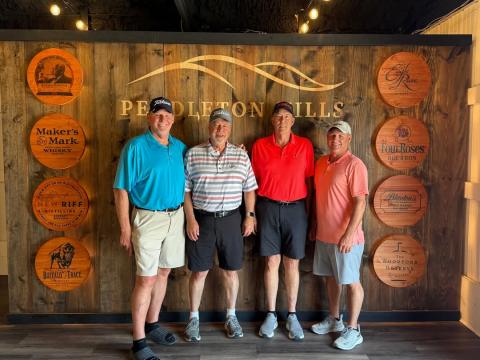 The "Golfing Kentucky For a Cure" foursome of Al Starnes, Mike Wright, Mike McGill and Shawn Williamson pose at Pendleton Hills before playing their round on June 4. Photo courtesy of the Pendleton Hills Facebook page.