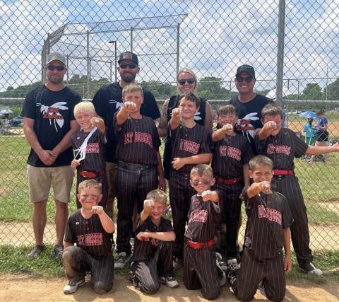 Back row L-R:  Head coaches Todd Weinel and Blaine McClanahan. Assistantcoaches Kelsie McClanahan and Jonathon Peoples. Players: Holton King, Walker McClanahan, Jackson Turner, Keegan Peoples, Kobe Kells, Boden Brewer, Memphis McClanahan, Bayne Brewer, and Thatcher Weinel. Not pictured: Hudson Tackett, Owen Bramley. Photo courtesy of Kelsie McClanahan.