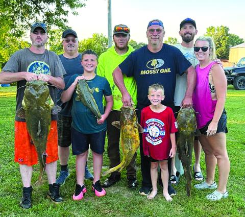 It’s a family fishing affair with Jory Wilson, Ray Parsons, Memphis McClanahan, Tanner Pugh, Darell Pugh, Memphis McClanahan, Blaine McClanahan, and Kelsie McClanahan. Their haul earned them 180 pounds of fish. Photo courtesy of Kelsie McClanahan