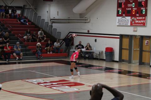 Junior Libero Kaylee Loomis serves during the Ladycats first victory of the season over Robertson County on Sept. 2. Photo by Sam McClanahan.