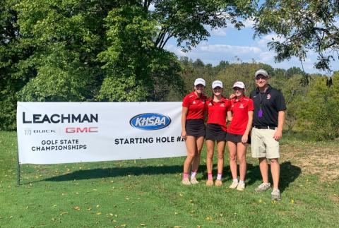 Ladycat golfers Laci Tackett (far left), Kinly Cooper, Taylor Bruener and head coach Adam Bruener took part in KHSAA Semi-State Golf round at Pendleton Hills on September 30.