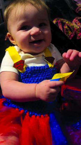 Gabby Flynn of Falmouth dressed up her Superbaby Alora, 8 months old, for her first trick-or-treating experience.