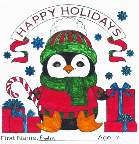 After debating over the entries, the judges declared a penguin brightly colored by Evelyn Bachman, 7, of California, Kentucky, as their favorite. The young artist used markers, sticking primarily to a red and green palette, accented with orange and blue. For her effort, she wins the $25 first prize.