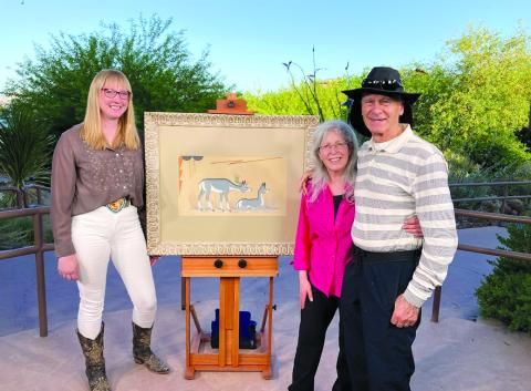 Pendleton County High School graduate Erin Rust, left, appraised this circa-1950 Native American tempra painting by noted artist Acee Blue Eagle during a 2025 episode of “Antiques Roadshow” that was shot in Las Vegas. She told the couple, whose names were not given, that the piece would bring $2,000 to $4,000 at auction. Rust grew up in Butler and is an appraiser for Freeman’s/Hindman auction house in Cincinnati. Photo courtesy of Erin Rust.