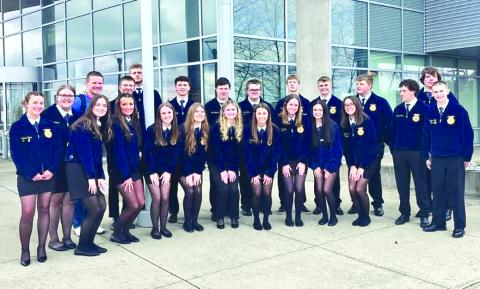 The 22 Pendleton County High School members who competed March 10 in the Northern Kentucky Region FFA Day were, front row, Brooke Florer, Jaycee O’Hara, Kaycee Voet, Lilyana Miller, Isabella Roberts, Riley Browning, Miley Smith, Austyn Colvin, Hannah Cahill; and back row, Cadence Ryan, Riley Combs, Chris Thompson, Mason Ammerman, Alex Mosley, Dawson Nichols, Damein Newman, RJ Combs, TJ Weinel, Klaber Wolfe, Carson Crouch, Patrick Patton, Tyler Hutchinson, Levi Wolfe
