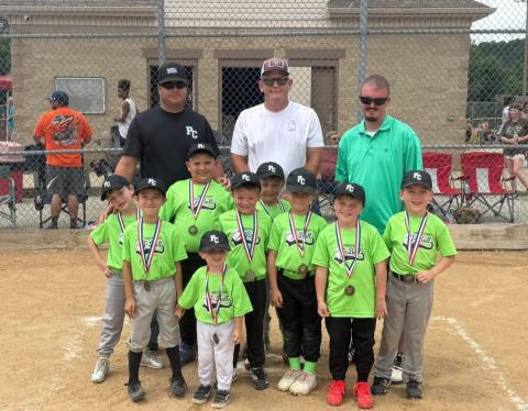   Pictured in front is Jack Miracle. Middle row left to right is Caleb Browning, Rowen Courtney, Denley Sturgill, Beckham Ross and Easton Stahl. Third row is Lewis Maddy, Wyatt Moore and Jameson Fields. The back row is the coaching staff of Jimmy Courtney, Zach Prewitt and Brandon Ross. Not pictured are Forrest Hanser, Jonah Hanser and Addie Jo Oldham. Photo courtesy of Caitlin Courtney.