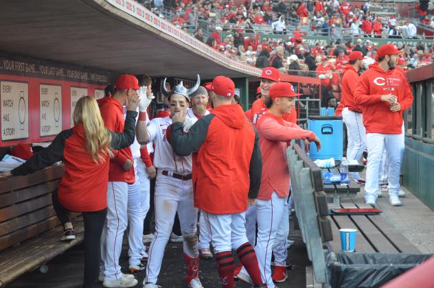 The Reds dugout celebrated a fourth-inning home run by third baseman Spencer Steer. Once he entered the dugout he sported a viking helmet that the team is using to honor players who hit home runs during the season.