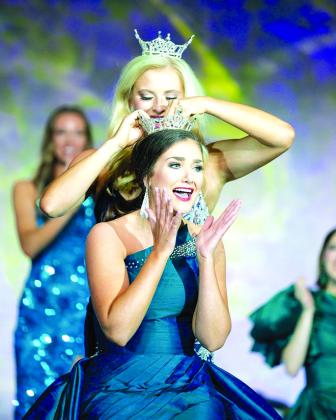 Hayley Leach is pleasantly surprised at becoming Miss Missouri and being crowned by 2022 Miss Missouri Claire Marie Kuebler on June 17th, 2023. Photos courtesy of Hayley Leach.