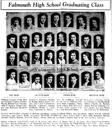 Gladys Frazier, second from the top right, is pictured with her Falmouth High School graduating class of 1934. In the caption, she is listed as one of four outstanding students.
