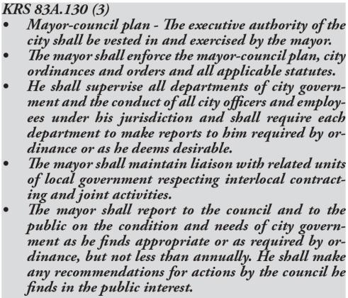 The above Kentucky Revised Statute defines the duties of the mayor. Interlocal agreements are mentioned.