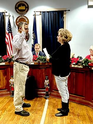 Dave Klaber, former Falmouth Fire Chief, takes the oath of office after his appointment to Falmouth City Council. Klaber, who was recently terminated by Mayor Sebastian Ernst for reasons the Falmouth Outlook cannot confirm, was chosen from a pool of five applicants for the position. Klaber was on council from January 2019 through December 2020, when he left to take the position of fire chief.