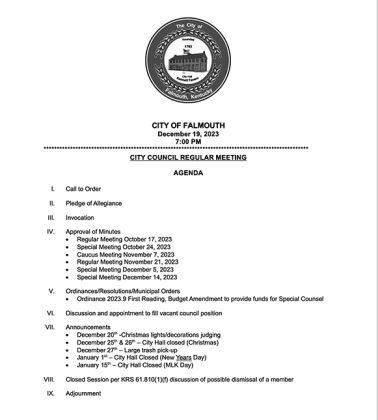 The approved agenda for December 19 was prepared by Councilperson Sabrina Hazen. This agenda acknowledges the need to approve the minutes for the meetings since October 2023, but then business deviates to amending the budget to allow for up to $20,000 for special counsel to investigate allegations of misconduct. After the closed session, council returned to set the date of January 2, 2024 at noon to hold the hearing. Neither council nor their attorney received a request for a continuance.