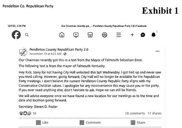 Exhibit 1 was matched by Ernst with his response to Rick Brown, Chair of the Republican Party. After Party Sec. Steven D. Foster posted Ernst’s communication regarding the party’s use of the building, including the belief the “current PC Republican Party does not align with [his] Conservative Christian values,” Brown responded, which elicited this response from Ernst. Brown’s response was not presented in the evidence. 