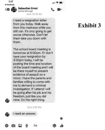 Exhibit 3: Text Ernst sent to Councilperson Bobby Pettit, demanding his resignation or he would appear at the school board meeting with parents and families who would “demand a criminal investigation.”
