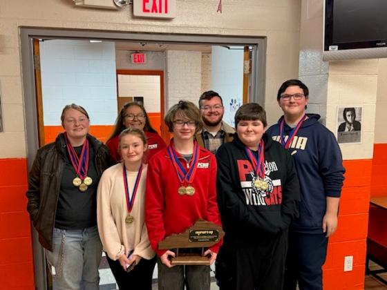 Pendleton County High School's Academic Team's Quick Response unit pose with their medals and trophies after placing second in District Competition while helping the Academic Team placed first overall. Quick response team members are, front row from left, Evan Stamper, Emily Fultz, Autumn Webster, Chase Stayton and Matthew Lambert, and back row, coaches Kim Bowen and Cullen Beard.