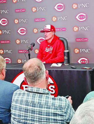Reds manager David Bell, now in his sixth season, talks with reporters prior to the start of the game with the Washington Nationals.