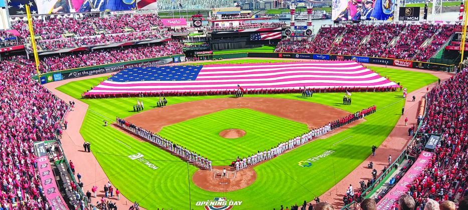An annual tradition: During the National Anthem, a mammoth 300x150 foot American flag was stretched across the outfield.