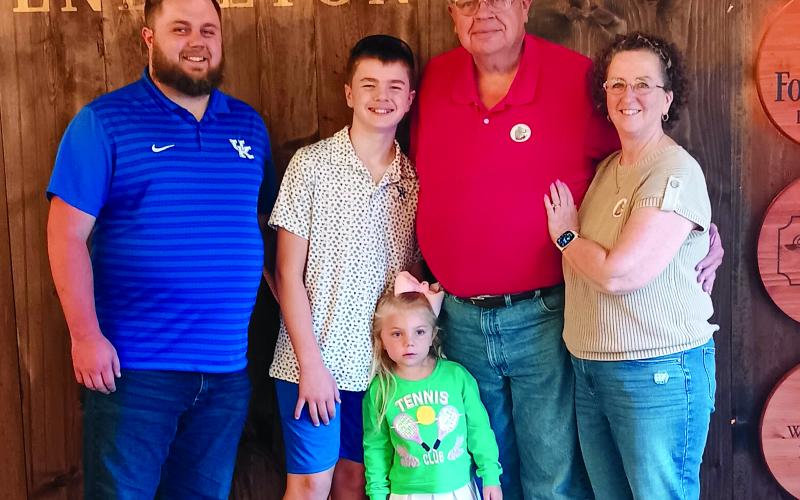 Presumptive Judge Executive-Elect Anthony Strong celebrates his election victory May 19 at the Pendleton Hills Clubhouse with family. From left are his son, Jackson, grandson Ben, granddaughter Lucy, Strong, and wife Teri. Photo by Sam McClanahan.