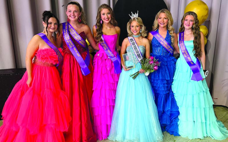 MISS TEEN PENDLETON COUNTY: The teen fair royalty, chosen last Tuesday night, are, from left, Rylan Crabtree, Miss Personality; Allie Myers, third runner-up, People’s Choice and Miss Congeniality; Emily Walker, first runner-up; Adalyn Oak, Miss Teen Pendleton County 2026 and Miss Photogenic; Maci McCann, second runner-up; and Annystyn Cammack, fourth runner-up.