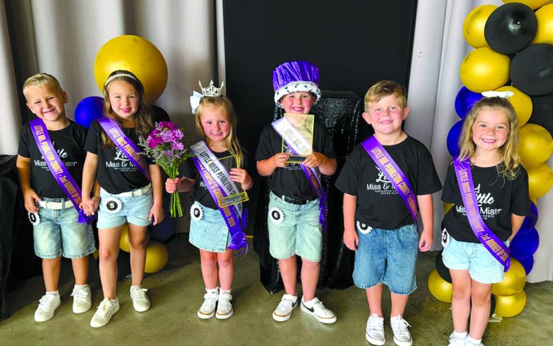 LITTLE MISTER, LITTLE MISS: Leah Fasse and Weslee Wanner, center, were crowned Little Mister and Little Miss Pendleton County 2026 Thursday night during the Pendleton County Youth Fair. They also were awarded Little Mister and Little Miss Photogenic and the People’s Choice Award. First runners-up are Macey Schmitt and Brooks Barker, right, and second runners-up are Marley Fields and Ryan Huck, left.