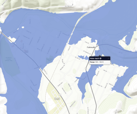 Map of what will flood in Falmouth at 43 feet
